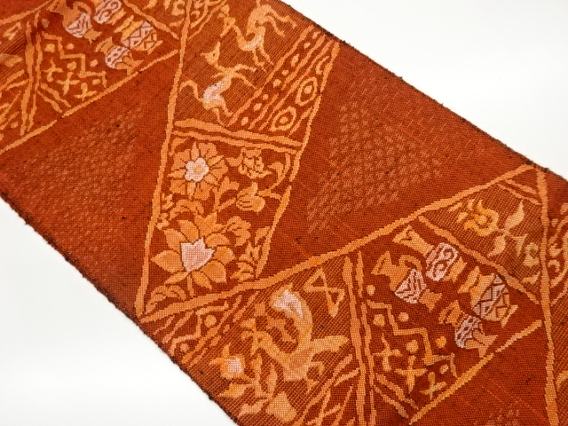 JAPANESE NAGOYA OBI / TSUMUGI / WOVEN FLOWER ARABESQUE